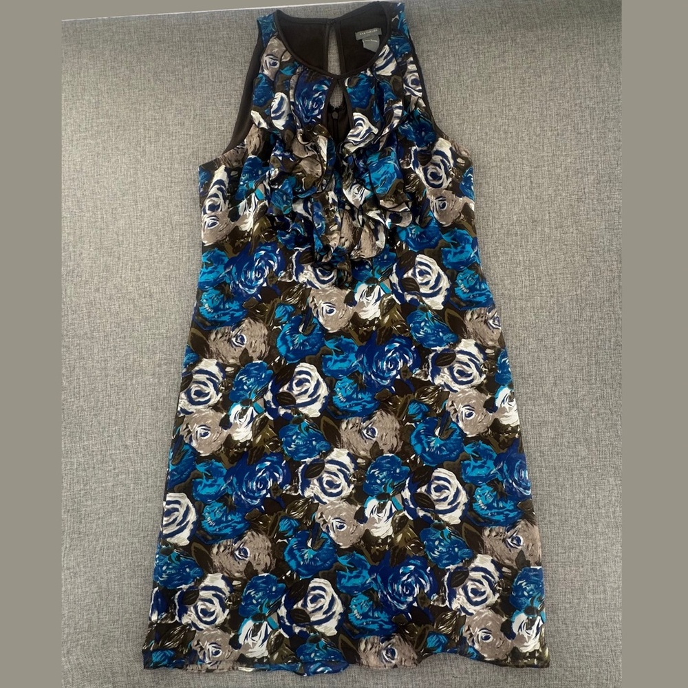 Ann Taylor Floral Sleeveless‎ Dress Size 6 Blue Black Beige Keyhole Neckline